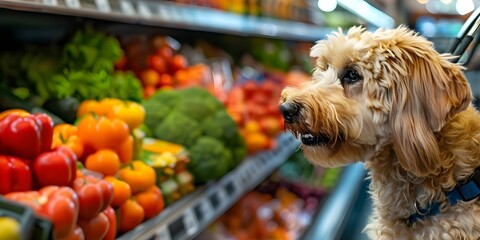 Dog shopping for healthy food in petfriendly grocery store with colorful veggies. Concept Pet Nutrition, Healthy Eating for Dogs, Pet-Friendly Stores, Colorful Vegetables, Shopping for Pets