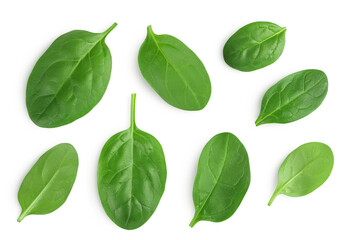 Baby spinach leaves isolated on white background. Top view. Flat lay