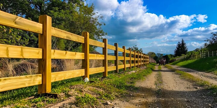 A wooden fence on a dirt road.