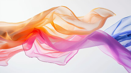 Colorful fabric floating in air on white background