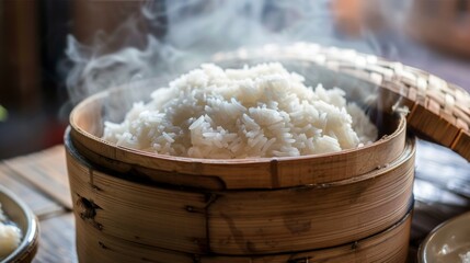 A steaming bamboo basket filled with fluffy, fragrant jasmine rice
