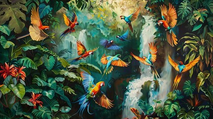 A fantastical aviary where exotic birds of every shape and size flutter amidst lush tropical foliage