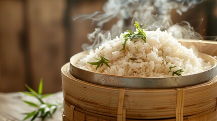A steaming bamboo basket filled with fluffy, fragrant jasmine rice