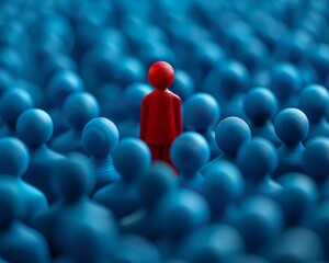 Bright red figure in a thinker pose among passive blue figures, strategic leadership, isolated