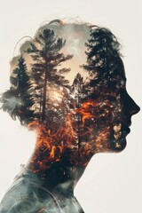 A double exposure of a woman's face with trees and fire, AI