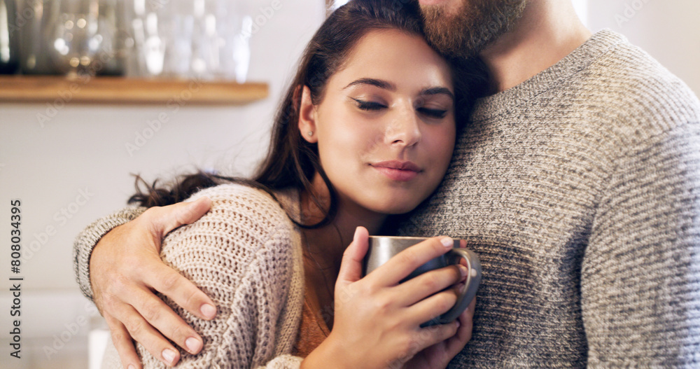 Poster Couple, people and eyes closed with hug in kitchen, together and support for unity. Relationship, comfort and bonding for romance with commitment for care, help and trust as soulmate for love