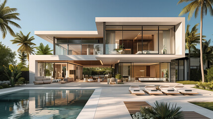 Fototapeta premium Discover the epitome of luxury living in this modern home, defined by contemporary architecture and upscale residential design, highlighting smart home technology and architectural innovation.
