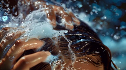 A dynamic image capturing the motion of conditioner being applied to wet hair, with hands massaging and strands glistening with moisture