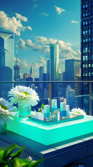 A sleek, neon cyan podium on a high-rise balcony overlooking the city skyline, featuring a chic collection of minimalist nail polishes, 