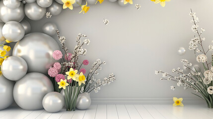 A sleek, monochromatic balloon wall in varying shades of grey, offset by pops of vibrant spring...