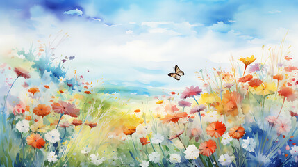 Conjure a watercolor background depicting a peaceful meadow with wildflowers and butterflies