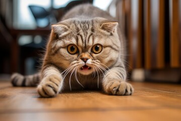 Lifestyle portrait photography of a cute scottish fold cat scratching on rustic wooden floor