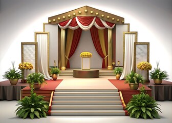 A graduation stage decorated with flowers and banners, ready for the ceremony