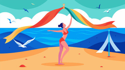 Fototapeta premium Amidst the sound of seagulls and crashing waves a lone gymnast performs a mesmerizing ribbon routine on the beach stage the colorful fabric dancing in. Vector illustration