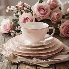 elegant dinnerware on a wooden table with pink rose decorations - obrazy, fototapety, plakaty