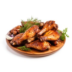 Roasted chicken wings in wooden plate isolated on white background