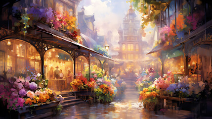 Conjure a watercolor background depicting a vibrant flower market, with a plethora of colors and scents creating a delightful scene