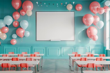 A classroom with balloons and chairs. - Powered by Adobe