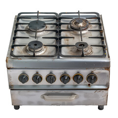 A black stove top with a blue flame