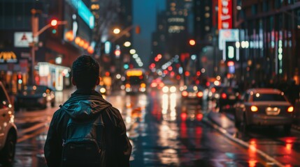 A man with backpack standing in the middle of a city street, AI