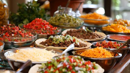 Fototapeta premium Colorful buffet spread with diverse dishes, catering for a feast or celebration event