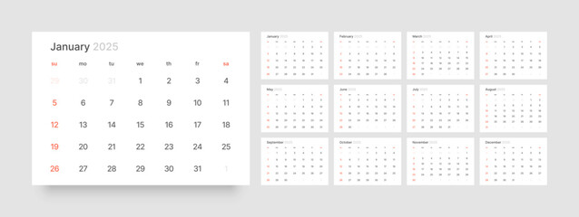Monthly calendar template for 2025 year. Wall or desk calendar in a minimalist style. Diary planner for 2025 year. Week Starts on Sunday. 