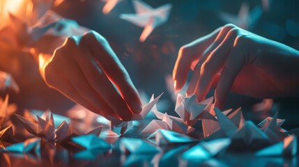 A dynamic image capturing the motion of a person folding origami paper into intricate shapes and figures, with fingers nimble and creations 
