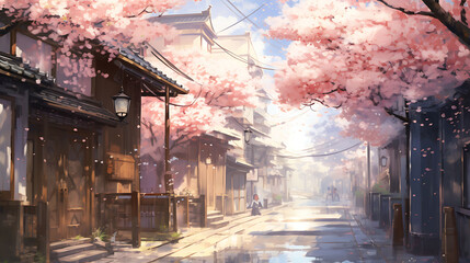 Conjure a watercolor background depicting a quiet alleyway in Tokyo during cherry blossom season