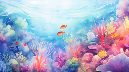 Fototapeta na wymiar Conjure a watercolor background depicting the vibrant life under the sea, with a focus on a coral reef ecosystem