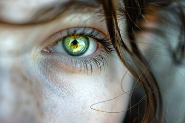 Close up of a woman's green eye with long eyelashes