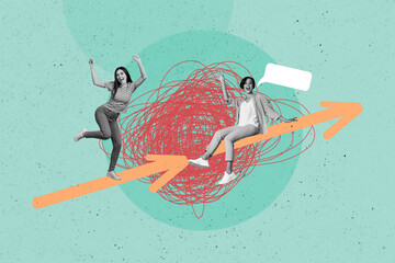 Obraz premium Trend artwork sketch composite 3D photo collage of arrow show direction way point two woman friends sit together talk conversation box