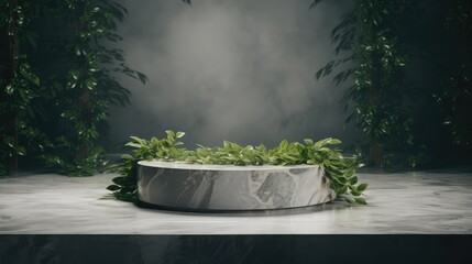 Round marble podium with bushes background for product display
