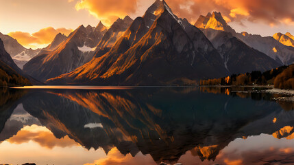 a breathtaking sunset over a calm lake reflecting sharp, snow-capped mountain peaks and vibrant autumn-colored forests under a glowing sky - Powered by Adobe