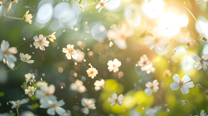 spring flowers floating in air, shallow depth of field
