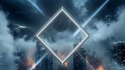 A sleek silver neon rhombus frame in a high-tech urban night setting, with futuristic buildings partially obscured by fast-moving, low-hanging storm clouds,