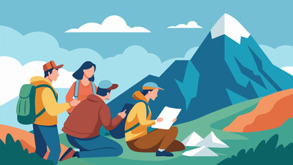 Hiking through a stunning mountain range a group of racers cresting the summit and pausing to check their map before continuing on their adventure.. Vector illustration