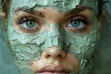 Portrait of a young woman with green mud mask on her face