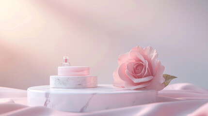 A sleek, white marble podium displaying a luxury skincare serum, accompanied by a delicate rose, set against a soft,