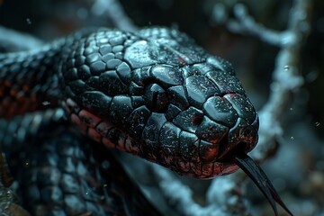Close-up of a black venomous snake (Naja sp, )