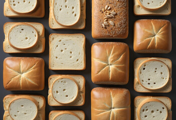  A generative AI designed wallpaper featuring a collection of isolated sliced bread on a white...