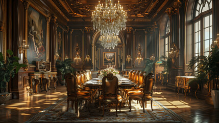 The image is a photo of a luxurious dining room