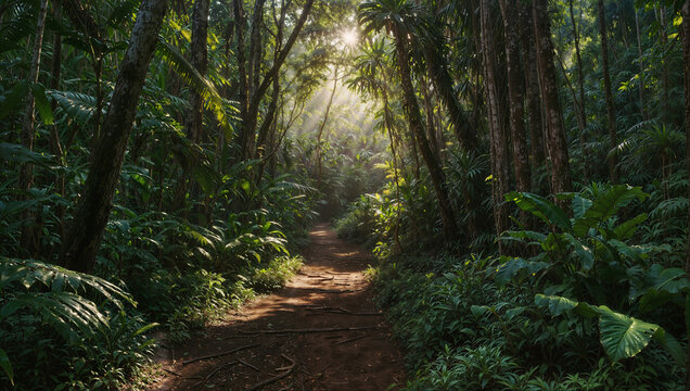 Sentiero illuminato dai raggi del sole in una rigogliosa foresta tropicale