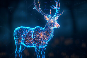 A wireframe-based visualization of a graceful deer against a glowing translucent background, presenting its majestic form in a digital interpretation.