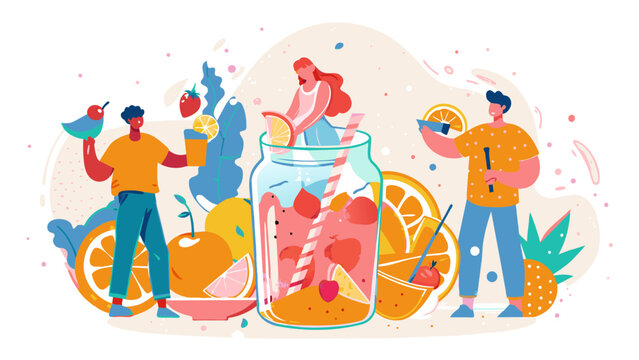 Vibrant Summer Refreshment Concept with People and Fruit Illustration