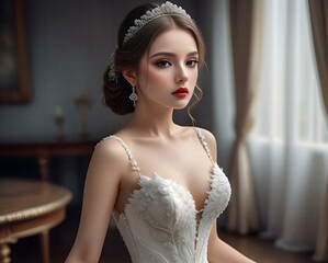 Portrait of a beautiful girl in a white wedding dress,  Wedding dress