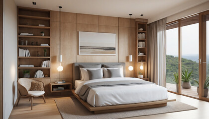 Fototapeta premium Residence design concept for a modern bedroom with a minimalist earthtone color scheme, natural materials, and clear elements, inspired by Scandinavian architecture and featuring elegant and stylish d