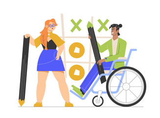 Fototapeta premium Characters play tic-tac-toe. Concept illustration of strategic thinking in a game. A cute girl and a handsome guy in a wheelchair are holding pencils. Colleagues having fun together. Vector flat.