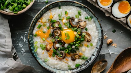 A traditional Chinese congee breakfast topped with century eggs and scallions
