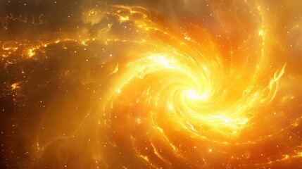 A spiral galaxy with a bright yellow center surrounded by dark space, AI
