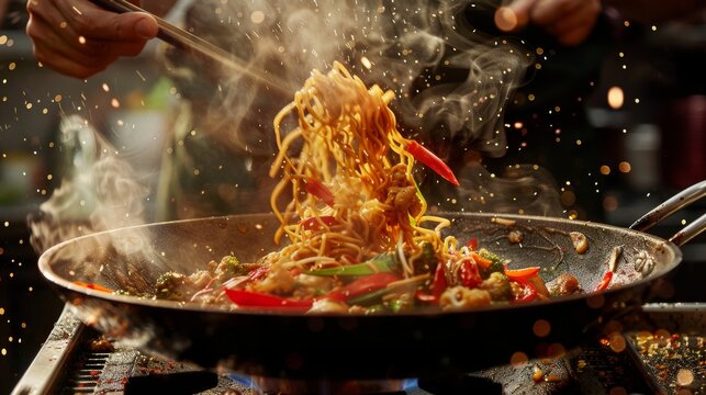 A dynamic image capturing the motion of a chef tossing stir-fried noodles in a wok with colorful vegetables and aromatic spices